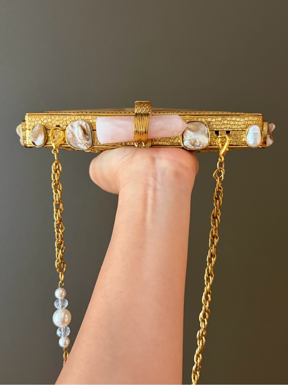 Gold and Shell Rectangular Evening Clutch with Rose Quartz Accent - Picture 6 of 7